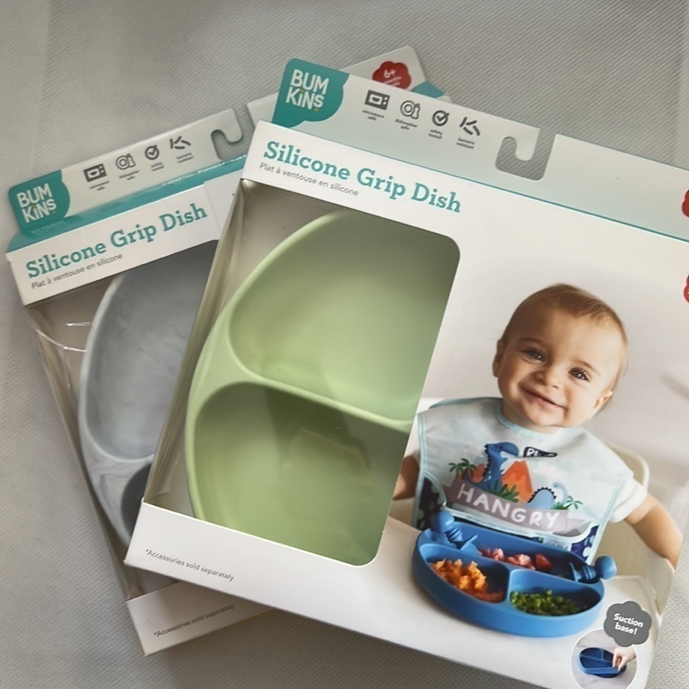 NEW! Set of 2 BUMKINS Silicone Grip Dish Marble and Sage